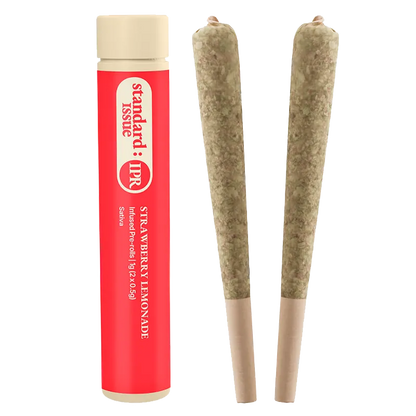 Close-up front view of the Strawberry Lemonade Infused PR 2 x 0.5 g tube beside two tapered pre-rolls on a white background