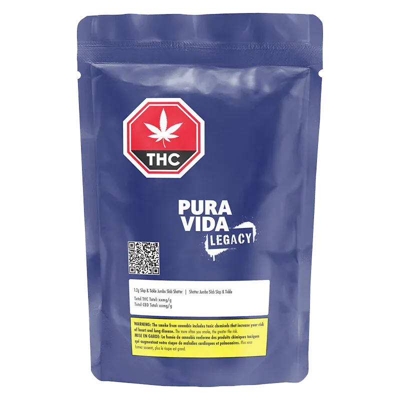 Front-facing photo of a blue pouch labeled Pura Vida Legacy Slap & Tickle Jumbo Slab Shatter with a red THC stop sign logo and QR code.