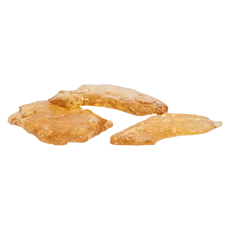 Close-up, low-angle view of three amber, glassy slabs arranged on a white background, Slap & Tickle Jumbo Slab Shatter.
