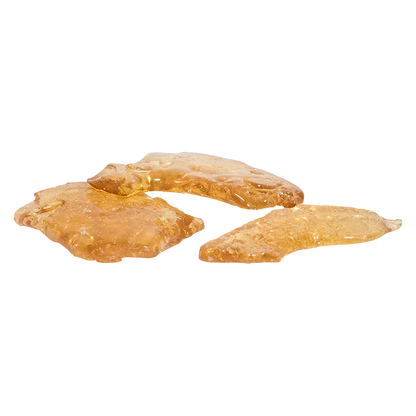 Close-up, low-angle view of three amber, glassy slabs arranged on a white background, Slap & Tickle Jumbo Slab Shatter.