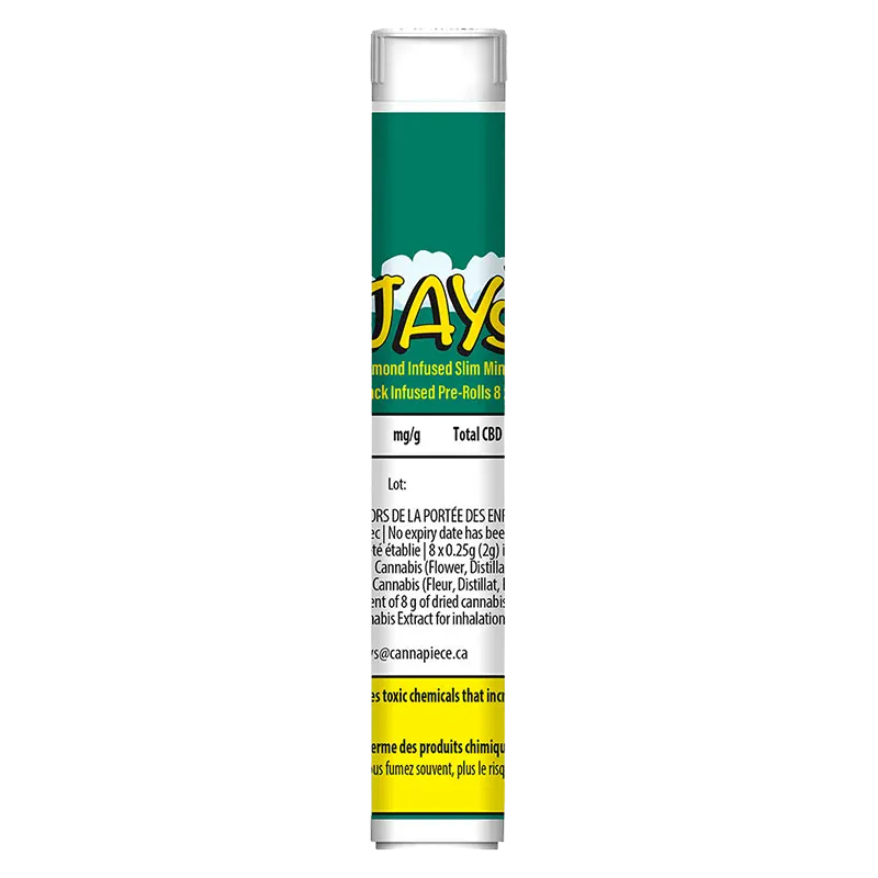 Tall front-facing tube showing the Slim Mints Diamond Infused PR 8 x 0.25 g packaging with teal label, yellow logo and small print on white background.