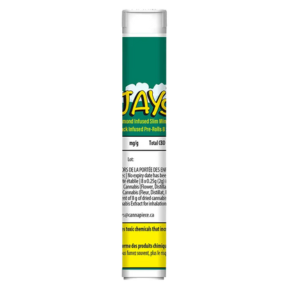Tall front-facing tube showing the Slim Mints Diamond Infused PR 8 x 0.25 g packaging with teal label, yellow logo and small print on white background.