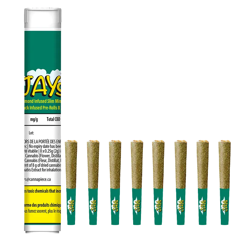 Tall green tube and a row of eight slim pre-rolls shown front-facing on white, Slim Mints Diamond Infused PR 8 x 0.25 g