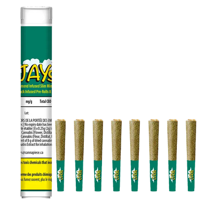Tall green tube and a row of eight slim pre-rolls shown front-facing on white, Slim Mints Diamond Infused PR 8 x 0.25 g