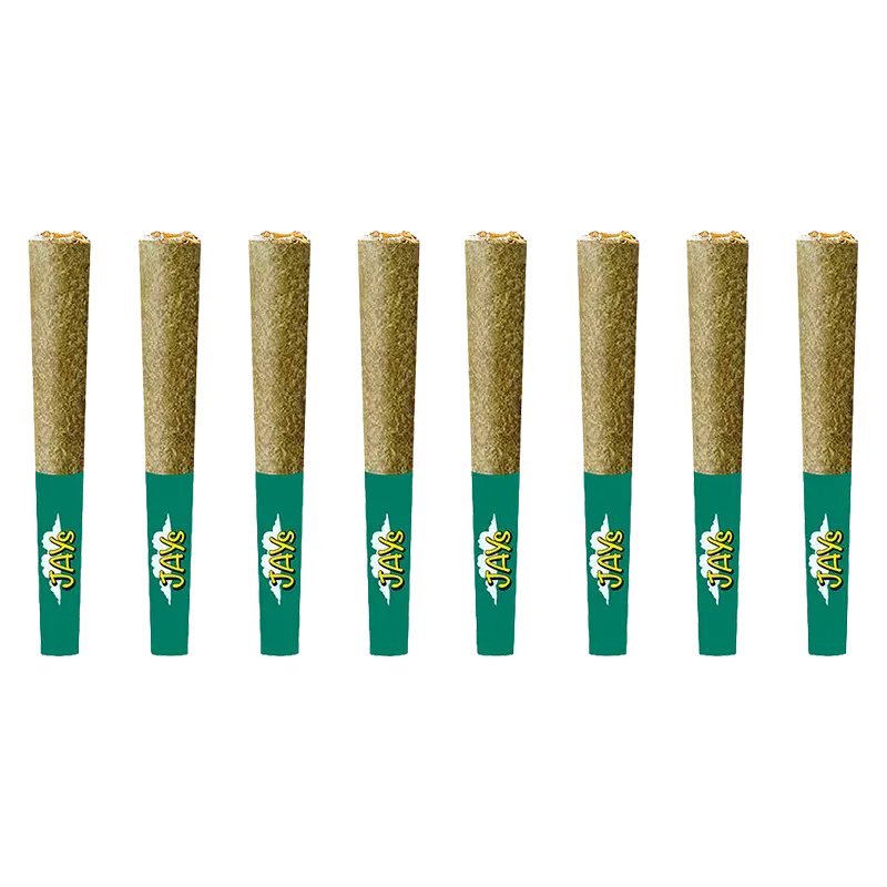 Row of ten Slim Mints Diamond Infused PR 8 x 0.25 g pre-rolls standing upright with green branded tips against a white background