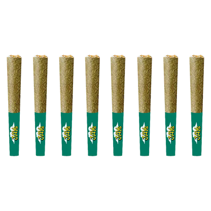 Row of ten Slim Mints Diamond Infused PR 8 x 0.25 g pre-rolls standing upright with green branded tips against a white background