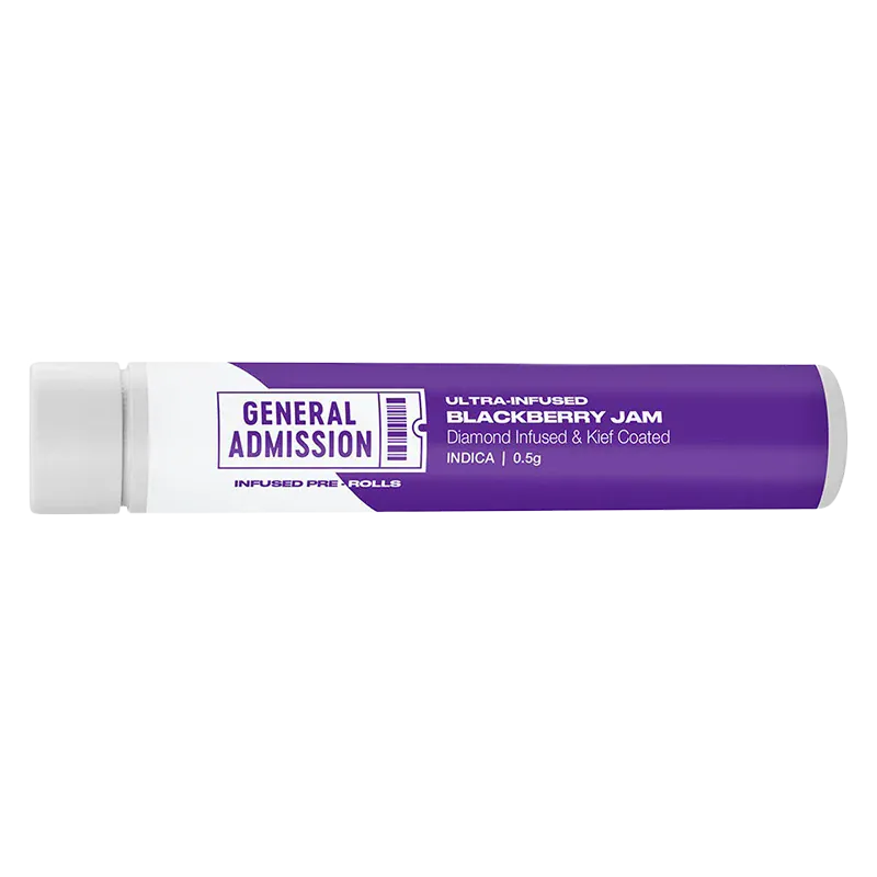 Horizontal close-up of the BlackBerry Jam Diamond Infused PR 1 x 0.5 g tube, showing its purple label and "General Admission" logo against a white background