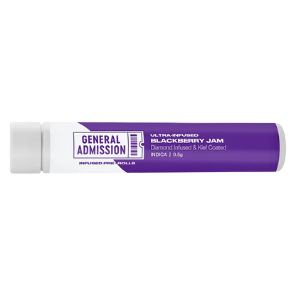 Horizontal close-up of the BlackBerry Jam Diamond Infused PR 1 x 0.5 g tube, showing its purple label and "General Admission" logo against a white background