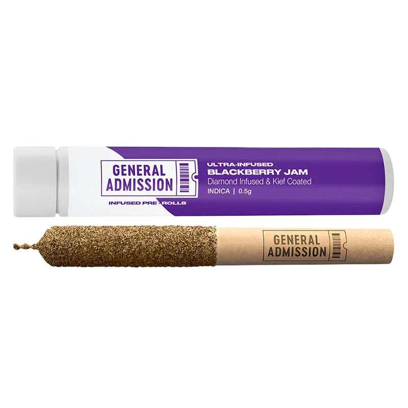 Horizontal product shot of the Blackberry Jam Diamond Infused PR 1 x 0.5 g showing a purple-labeled General Admission tube above a kief-coated pre-roll with a stamped paper sleeve.