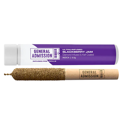 Horizontal product shot of the Blackberry Jam Diamond Infused PR 1 x 0.5 g showing a purple-labeled General Admission tube above a kief-coated pre-roll with a stamped paper sleeve.