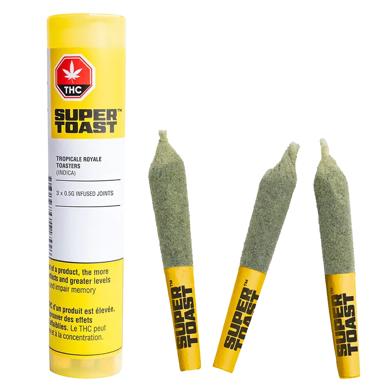 Super Toast 2.5 g Tropicale Royale Toasters Kief Coated and Distillate Infused PR 5 x 0.5 g Pre-Rolls