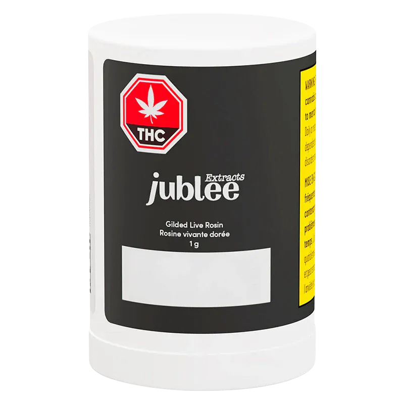Front-facing shot of the Jubilee Extracts Gilded Live Rosin 1g white tub with a black label and red THC emblem.
