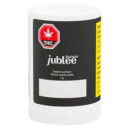 Front-facing shot of the Jubilee Extracts Gilded Live Rosin 1g white tub with a black label and red THC emblem.