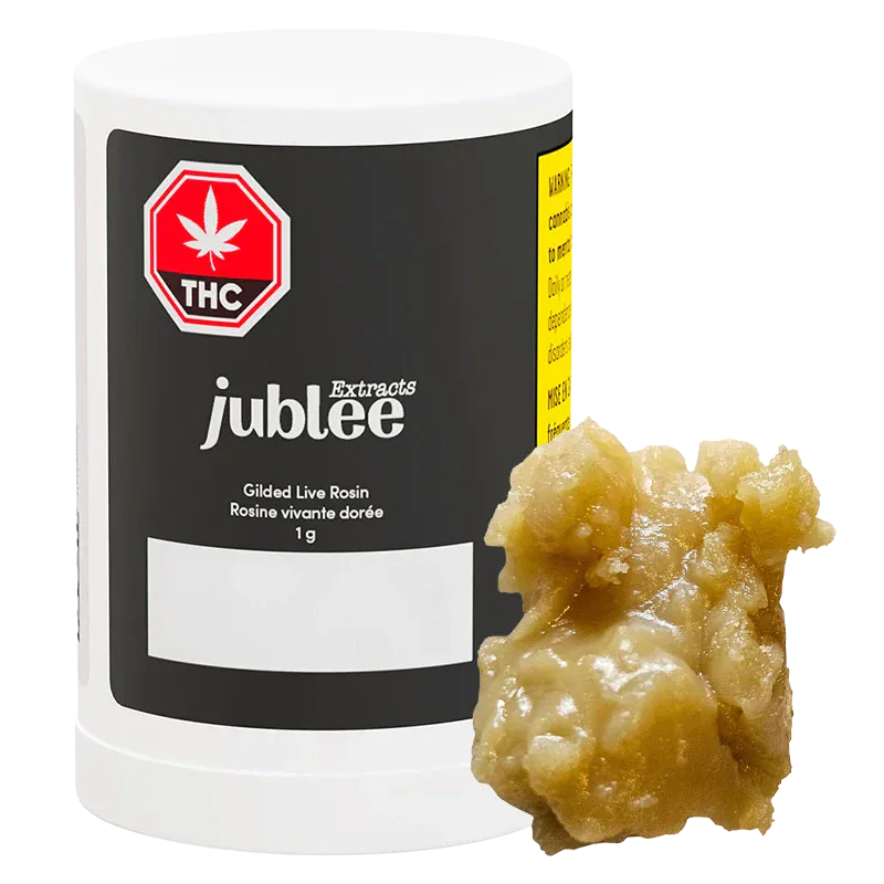 Close-up front view of a white jar labeled "jublee Extracts Gilded Live Rosin" with a 1 g notation and a golden, chunky rosin piece beside it.