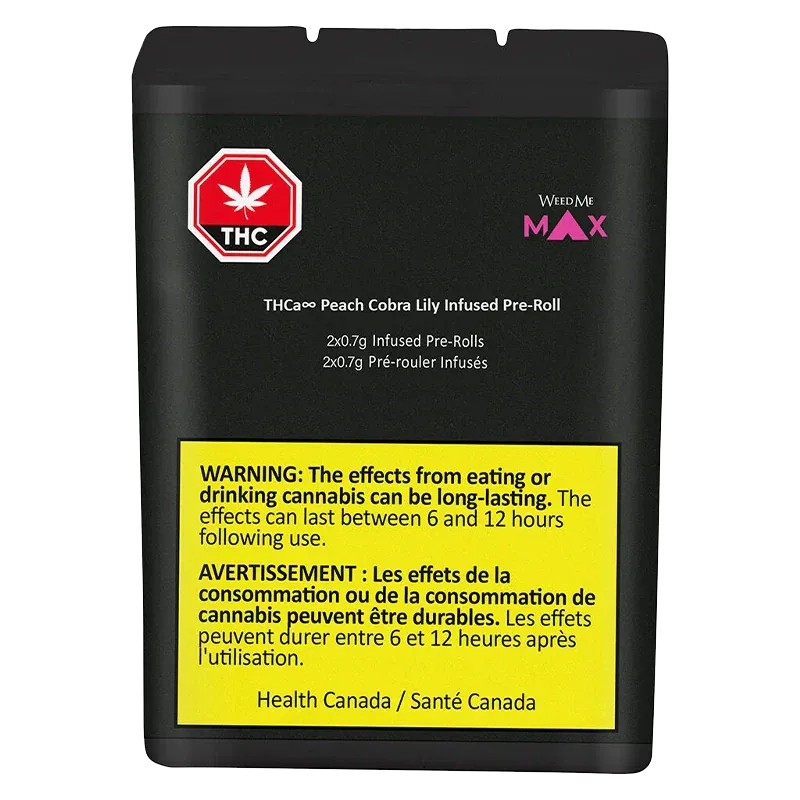 Front-facing black pouch showing a red THC symbol and a yellow warning panel labeled "THCa8 Peach Cobra Lily Infused PR 2 x 0.7 g."