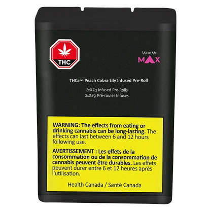 Front-facing black pouch showing a red THC symbol and a yellow warning panel labeled "THCa8 Peach Cobra Lily Infused PR 2 x 0.7 g."