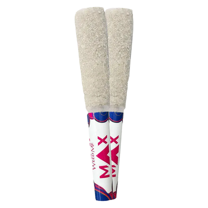 Pair of top-down view THCa8 Peach Cobra Lily Infused PR 2 x 0.7 g pre-rolls with sugar-coated beige tips and white branded tubes.