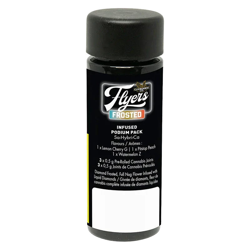 Front-facing shot of the black Frosted Podium Pack Infused PR 3 x 0.5 g bottle with its rounded cap and white label text centered on a white background