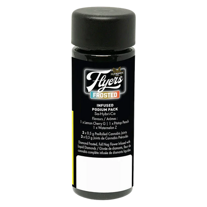 Front-facing shot of the black Frosted Podium Pack Infused PR 3 x 0.5 g bottle with its rounded cap and white label text centered on a white background
