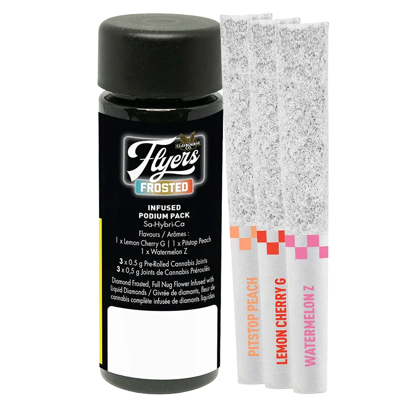 Front-facing shot of a black bottle and three diamond-frosted pre-rolls labeled beside it, featuring the Frosted Podium Pack Infused PR 3 x 0.5 g branding.