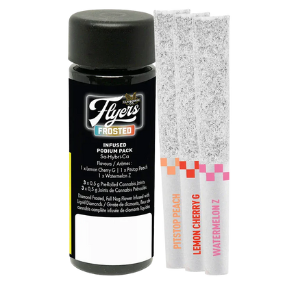 Front-facing shot of a black bottle and three diamond-frosted pre-rolls labeled beside it, featuring the Frosted Podium Pack Infused PR 3 x 0.5 g branding.