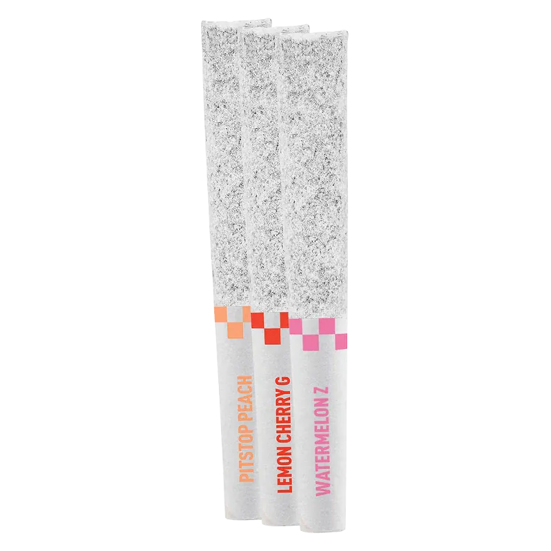 Three-quarter view of three Frosted Podium Pack Infused PR 3 x 0.5 g sticks standing upright with glittery silver tops and colored flavor labels.