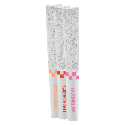 Three-quarter view of three Frosted Podium Pack Infused PR 3 x 0.5 g sticks standing upright with glittery silver tops and colored flavor labels.