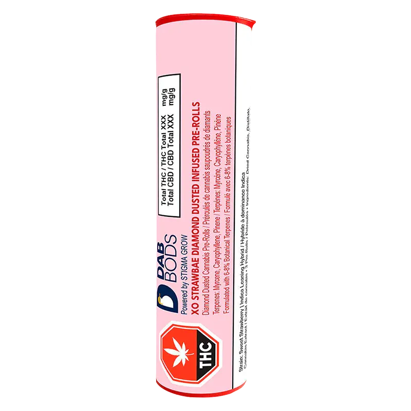 Vertical view of the pink XO Strawbae Diamond Dusted Infused PR 3 x 0.6 g tube with bold THC badge near the base.