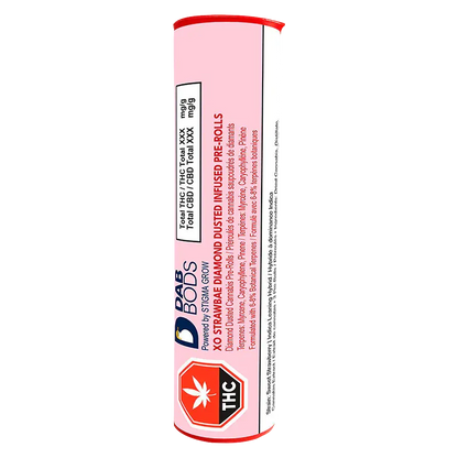 Vertical view of the pink XO Strawbae Diamond Dusted Infused PR 3 x 0.6 g tube with bold THC badge near the base.