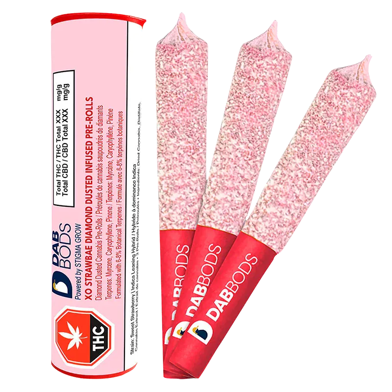 Three diamond-dusted pink pre-rolls fanned beside their pink tube packaging labeled XO Strawbae Diamond Dusted Infused PR 3 x 0.6 g
