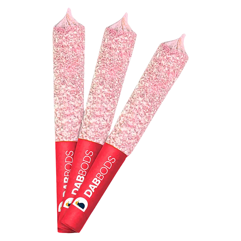 Three pink, diamond-dusted cones fanned on a white background labeled XO Strawbae Diamond Dusted Infused PR 3 x 0.6 g.