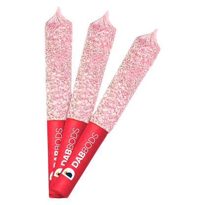 Three pink, diamond-dusted cones fanned on a white background labeled XO Strawbae Diamond Dusted Infused PR 3 x 0.6 g.