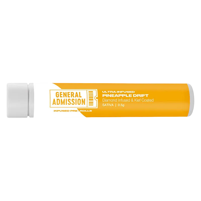 Horizontal close-up of a clear plastic tube with an orange label reading Pineapple Drift Diamond Infused PR 1 x 0.5 g and white General Admission branding.