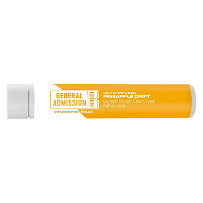 Horizontal close-up of a clear plastic tube with an orange label reading Pineapple Drift Diamond Infused PR 1 x 0.5 g and white General Admission branding.