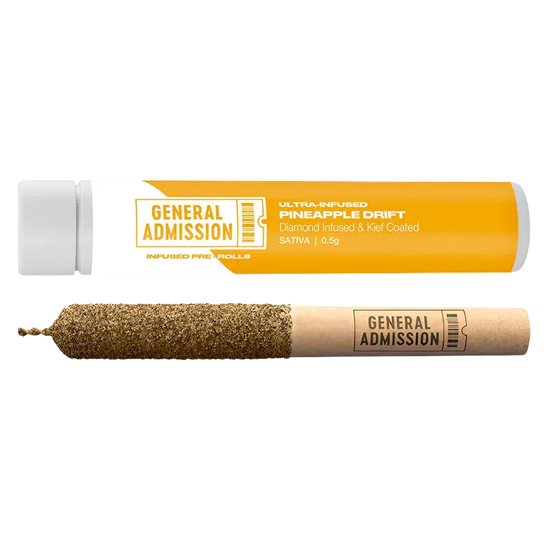 Horizontal product shot of the Pineapple Drift Diamond Infused PR 1 x 0.5 g tube and matching kief-coated pre-roll on a white background.
