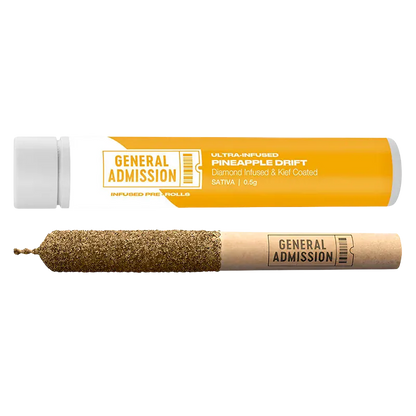 Horizontal product shot of the Pineapple Drift Diamond Infused PR 1 x 0.5 g tube and matching kief-coated pre-roll on a white background.