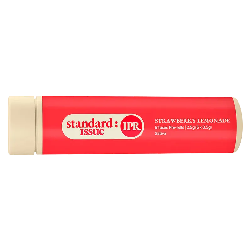 Horizontal close-up of the Strawberry Lemonade Distillate Infused PR 5 x 0.5 g tube showing its red label and cream caps with the "standard issue : IPR" logo.