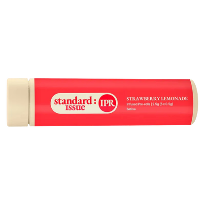Horizontal close-up of the Strawberry Lemonade Distillate Infused PR 5 x 0.5 g tube showing its red label and cream caps with the "standard issue : IPR" logo.