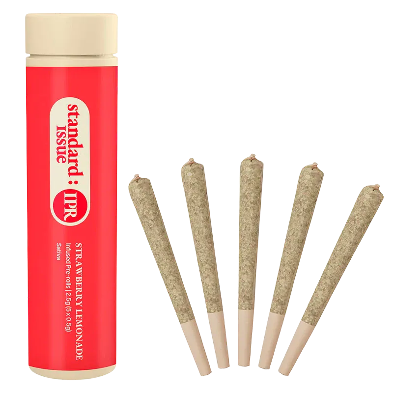 Angled view of a red tube and six pre-rolled joints fanned out, labeled "Strawberry Lemonade Distillate Infused PR 5 x 0.5 g".