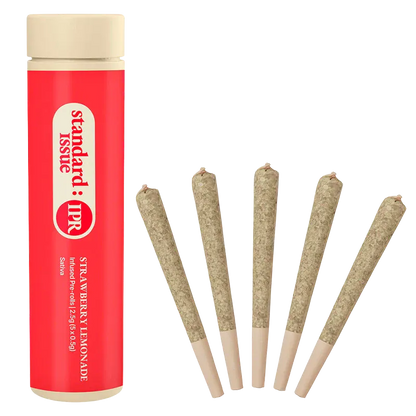 Angled view of a red tube and six pre-rolled joints fanned out, labeled "Strawberry Lemonade Distillate Infused PR 5 x 0.5 g".