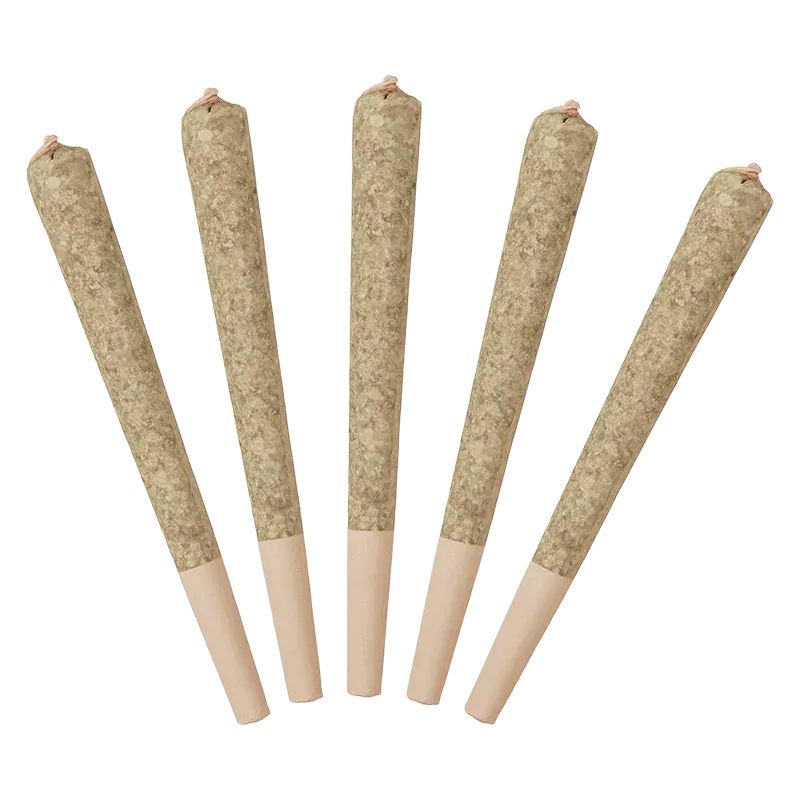 Five pre-rolled joints arranged fanned-out on a white background, labeled Strawberry Lemonade Distillate Infused PR 5 x 0.5 g.