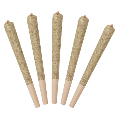 Five pre-rolled joints arranged fanned-out on a white background, labeled Strawberry Lemonade Distillate Infused PR 5 x 0.5 g.