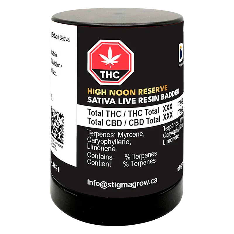 Front-facing shot of a black cylindrical jar labeled "High Noon Reserve Original Z Live Resin Badder" with a red THC stop-sign logo and white ingredient text.