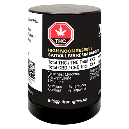 Front-facing shot of a black cylindrical jar labeled "High Noon Reserve Original Z Live Resin Badder" with a red THC stop-sign logo and white ingredient text.