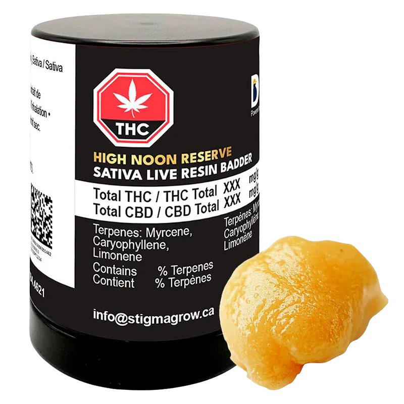 Front-lit photograph of a black jar and a dollop of golden concentrate labeled High Noon Reserve Original Z Live Resin Badder.