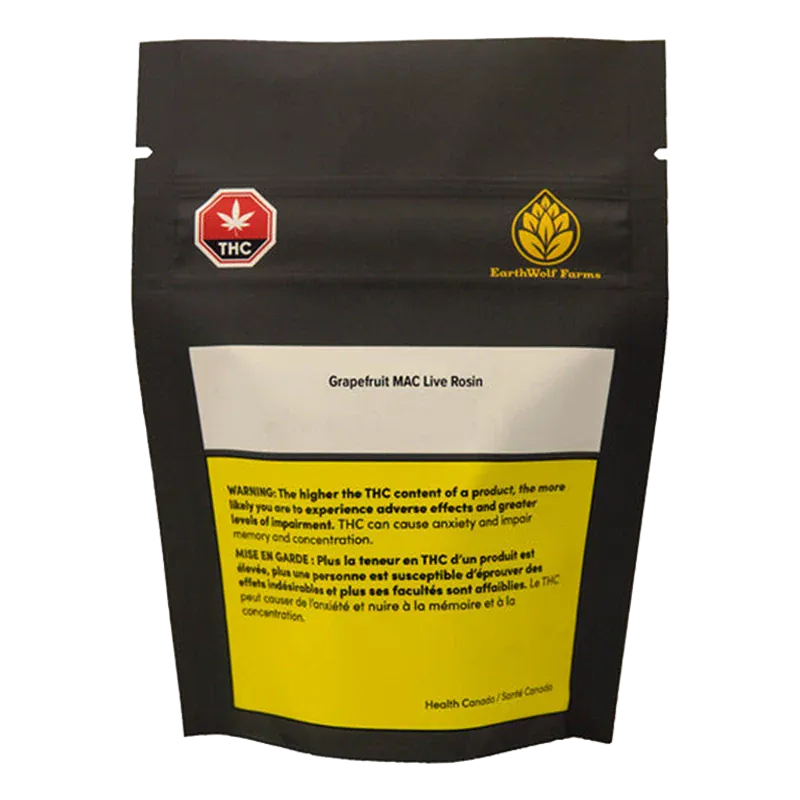 Front view of the black pouch labeled "Grapefruit MAC Live Rosin" with a yellow warning panel and small THC and EarthWolf Farms logos.