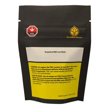 Front view of the black pouch labeled "Grapefruit MAC Live Rosin" with a yellow warning panel and small THC and EarthWolf Farms logos.