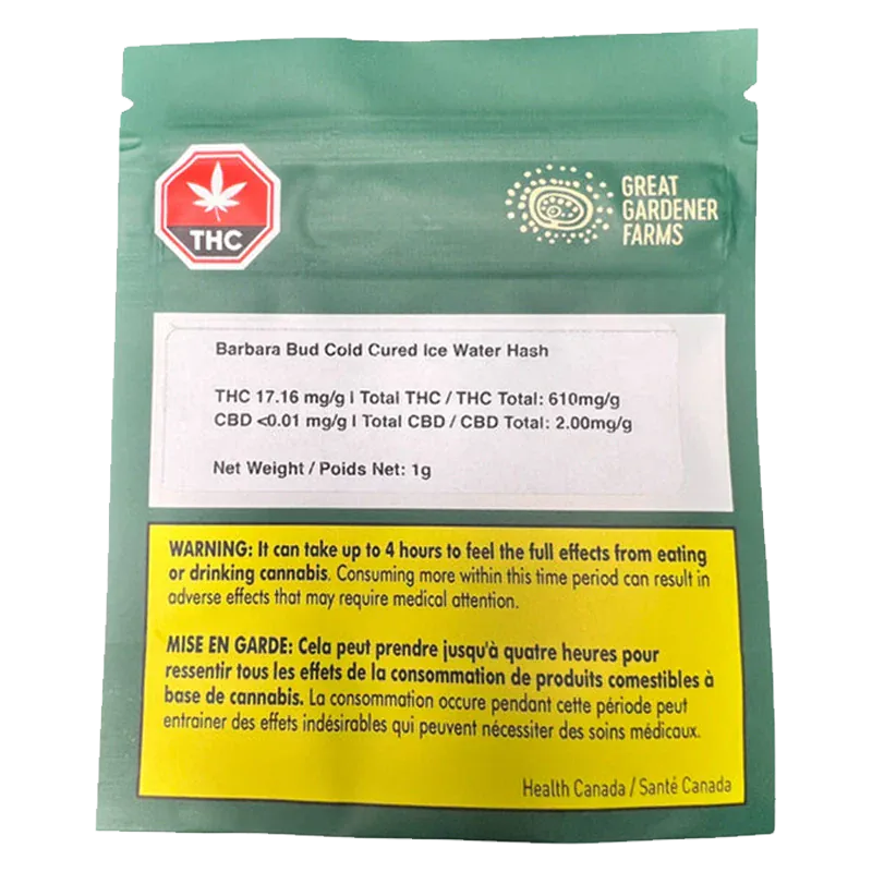 Rear-facing shot of the green pouch labeled "Barbara Bud Cold Cured Ice Water Hash" with THC symbol and yellow warning panel.