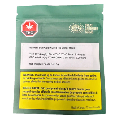 Rear-facing shot of the green pouch labeled "Barbara Bud Cold Cured Ice Water Hash" with THC symbol and yellow warning panel.
