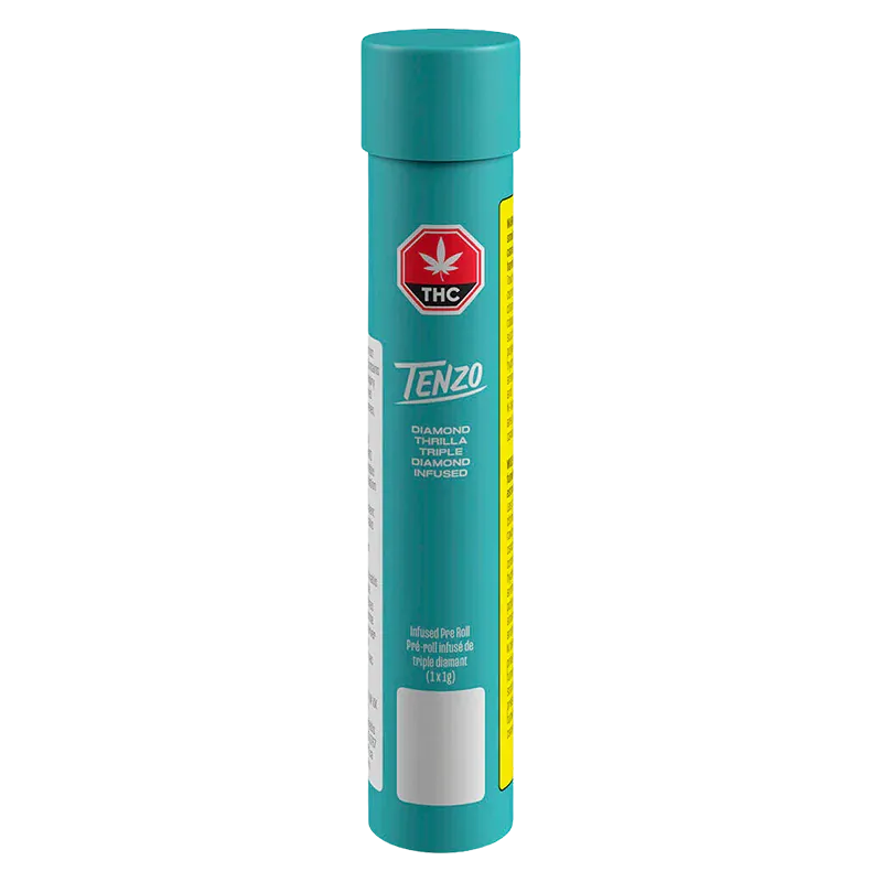 Tall front-facing teal tube labeled Tenzo Diamond Thrilla Triple-Diamond Infused PR 1 x 1 g with a red THC octagon near the top.
